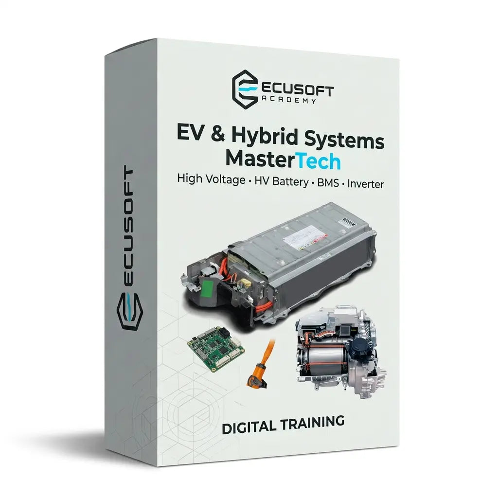 دورة EV & Hybrid Systems MasterTech من ECUSOFT Academy لتعلم أنظمة الجهد العالي وبطاريات HV وBMS وInverter في السيارات الكهربائية والهجينة.