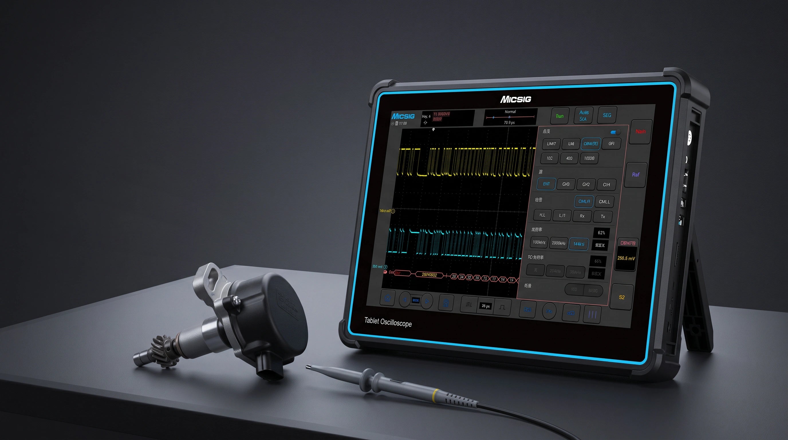 جهاز Oscilloscope يعرض إشارة حساس سيارة حقيقية بجانب حساس موضع داخل بيئة تشخيص إلكتروني احترافية.