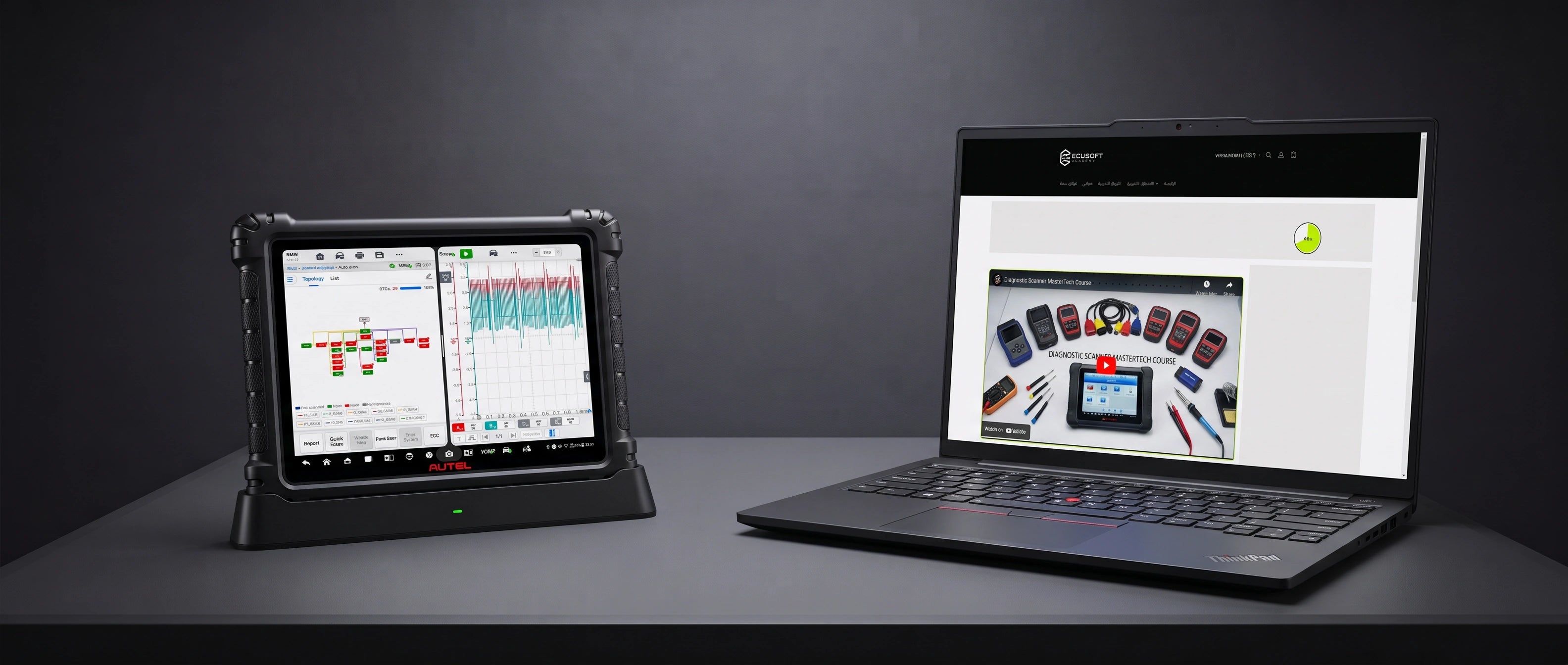 منصة Diagnostic Scanner MasterTech معروضة على لابتوب بجانب جهاز فحص سيارات احترافي داخل بيئة ECUSOFT التقنية.