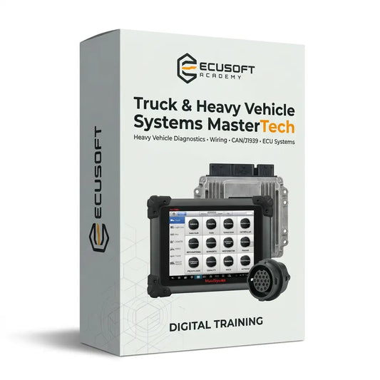 دورة Truck & Heavy Vehicle Systems MasterTech من ECUSOFT Academy لتشخيص إلكترونيات الشاحنات وCAN J1939 والمخططات ووحدات ECU.