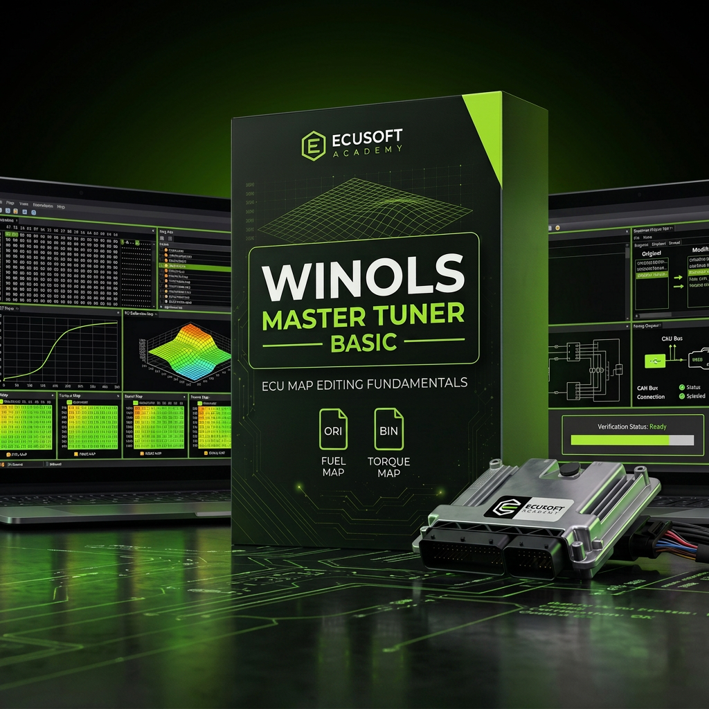 ECUsoft Academy Winols Master Tuner Basic software packaging box shown prominently in the center, with a small ECU module and a laptop displaying tuning software in the background.