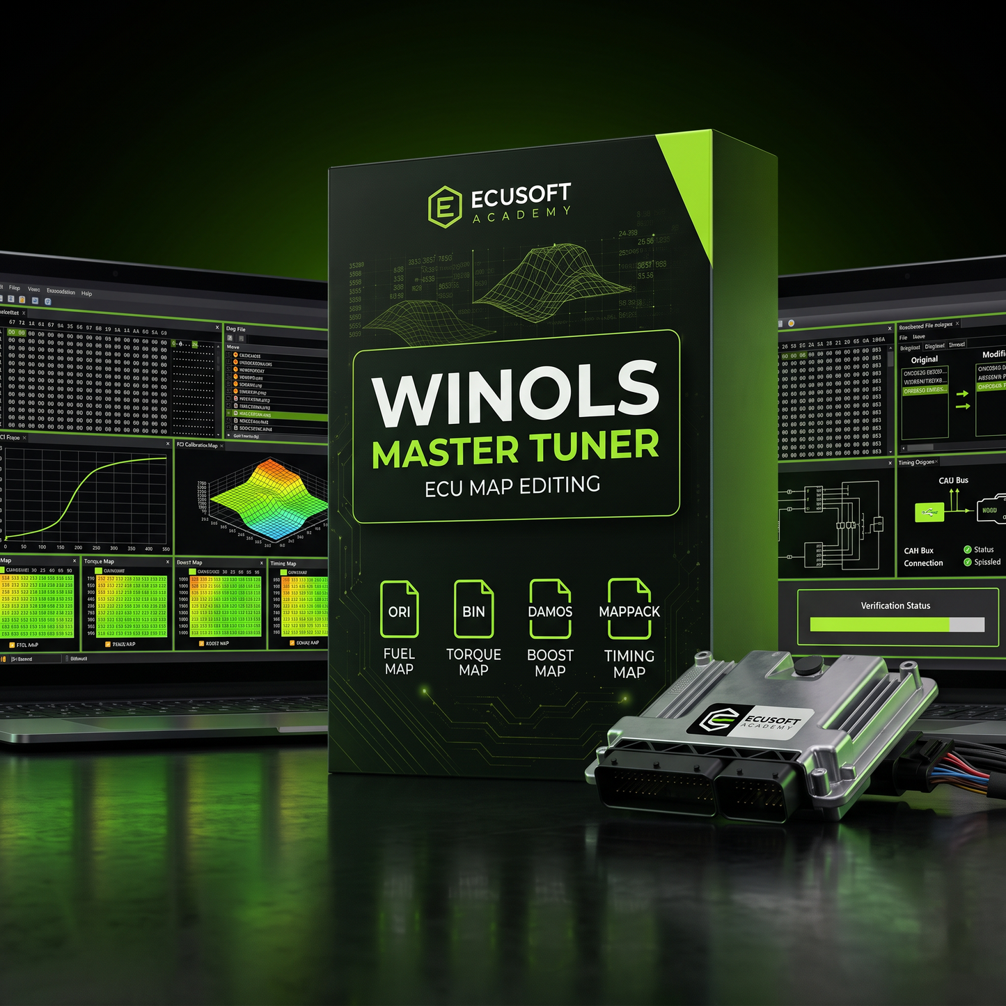 A boxed automotive tuning software product labeled ECUSOFT WINOLS MASTER TUNER stands prominently in front of laptop screens showing dashboard maps and graphs. A small electronic module is placed beside the box on a dark reflective surface.