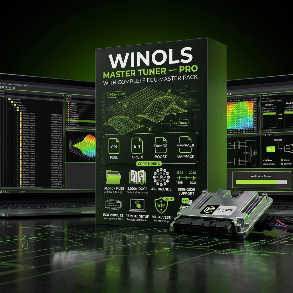 Winols Master Tuner Pro software box displayed prominently on a dark desk with laptop screens showing audio waveform interfaces in the background. A small Winols-branded hardware component sits in front of the box.